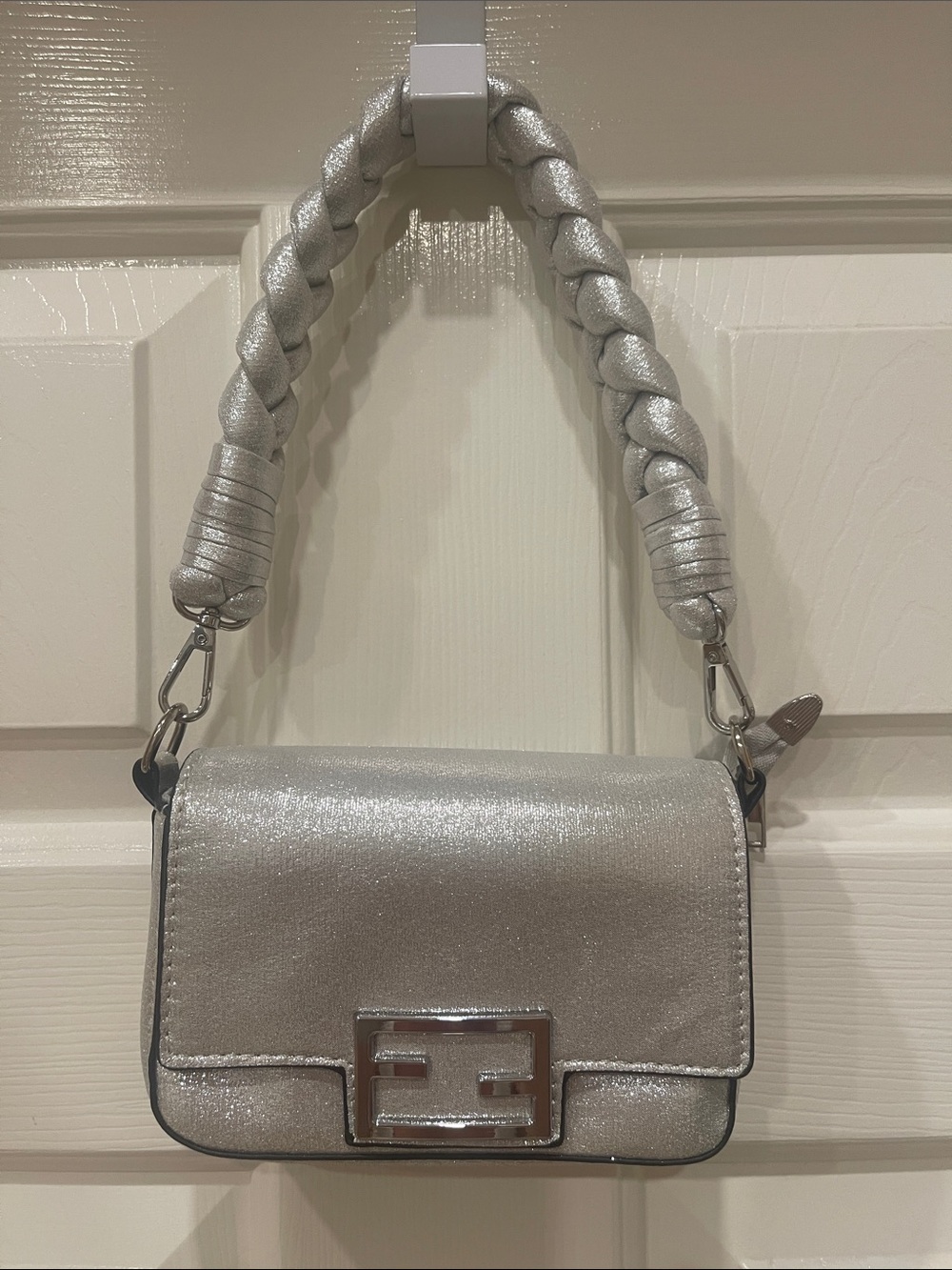 Silver Metallic Women's Bag with Braided Handle 7”W 4”H - Picture 1 of 3